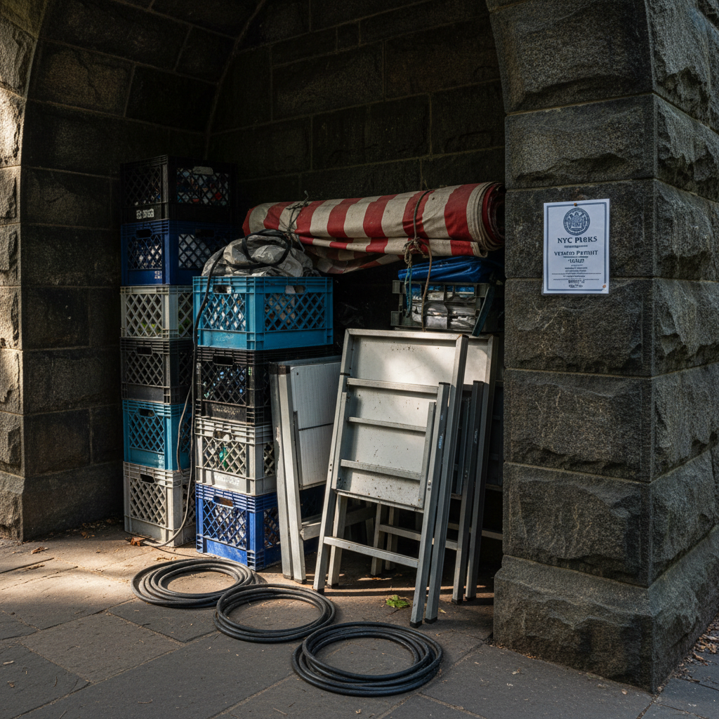 A carefully constructed vendor’s storage corner under a stone arch in Central Park, containing stacked plastic crates, folded collapsible tables, a bundled striped awning, and neatly coiled extension cords, all arranged against rough-hewn granite blocks darkened by moisture. A laminated permit with official seals is clipped to a nail on the wall, partially illuminated. Early morning side light enters from one end of the arch, creating a stark contrast between illuminated equipment and deep shadow, highlighting dust, scrape marks, and worn textures. Photographic realism with a slightly wide lens and centered composition, maintaining sharp focus throughout to capture every surface and object. The atmosphere is investigative and professional, foregrounding the backstage material culture of vending—the unseen practices of setup, storage, and regulation that underpin public-facing vendor life in Central Park.