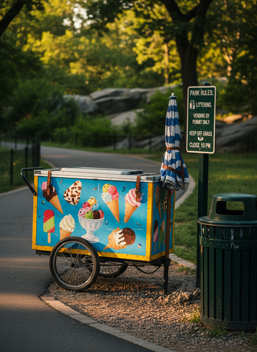 A large, colorful ice cream pushcart with illustrated images of frozen treats printed on its sides, resting motionless beside a curving Central Park path. The cart’s small wheels are slightly embedded in a patch of gravel, and a folded umbrella is strapped neatly along the handle. Nearby, a green metal trash can and a park sign with detailed rules about vending and littering stand in alignment. Late afternoon sunlight filters through dense foliage, creating dappled shadows across the cart’s glossy surface and the surrounding path. Photographic realism with a low-angle, close-up perspective emphasizes the cart’s textures, printed regulations, and maintenance marks. The frame is tightly composed, foregrounding the cart and signage while the background trees and rock formations dissolve into soft bokeh, producing a reflective, ethnographic documentary mood.