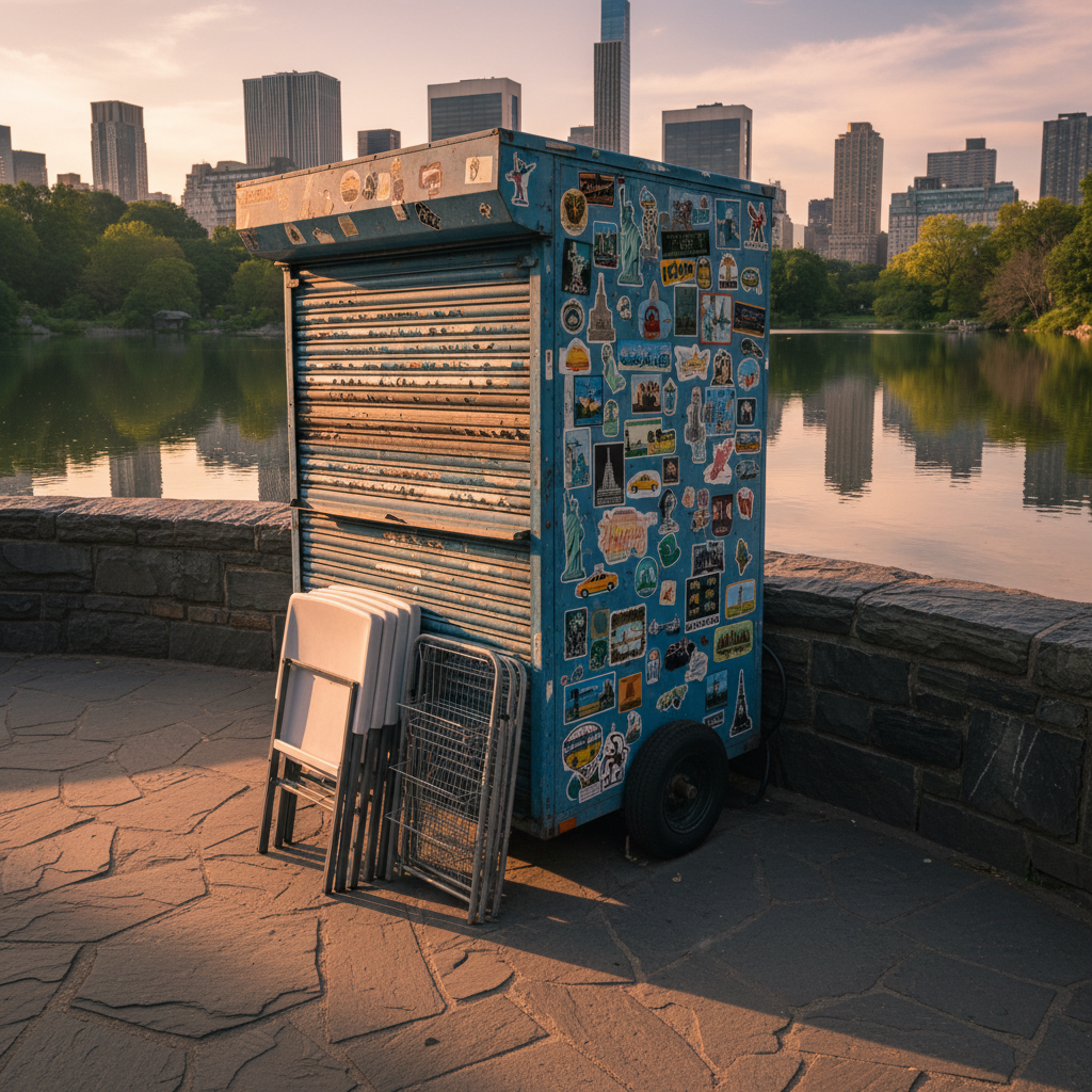 A compact mobile souvenir stand locked shut for the night, its rolling metal shutters covered in faded stickers of New York landmarks, parked beside a curved stone wall overlooking a still Central Park pond. Stacks of unused folding tables and folded wire racks lean precisely against the stand, hinting at the absent display. Golden hour light grazes the metal, creating warm highlights and long, soft-edged shadows across the flagstone path. Photographic realism, slightly elevated angle with an asymmetrical composition that places the stand off-center, allowing the water and distant skyline silhouettes to occupy the frame. The atmosphere is contemplative and professional, capturing the infrastructure of vending without people, focusing on surfaces, arrangements, and the quiet rhythms of the park after work.