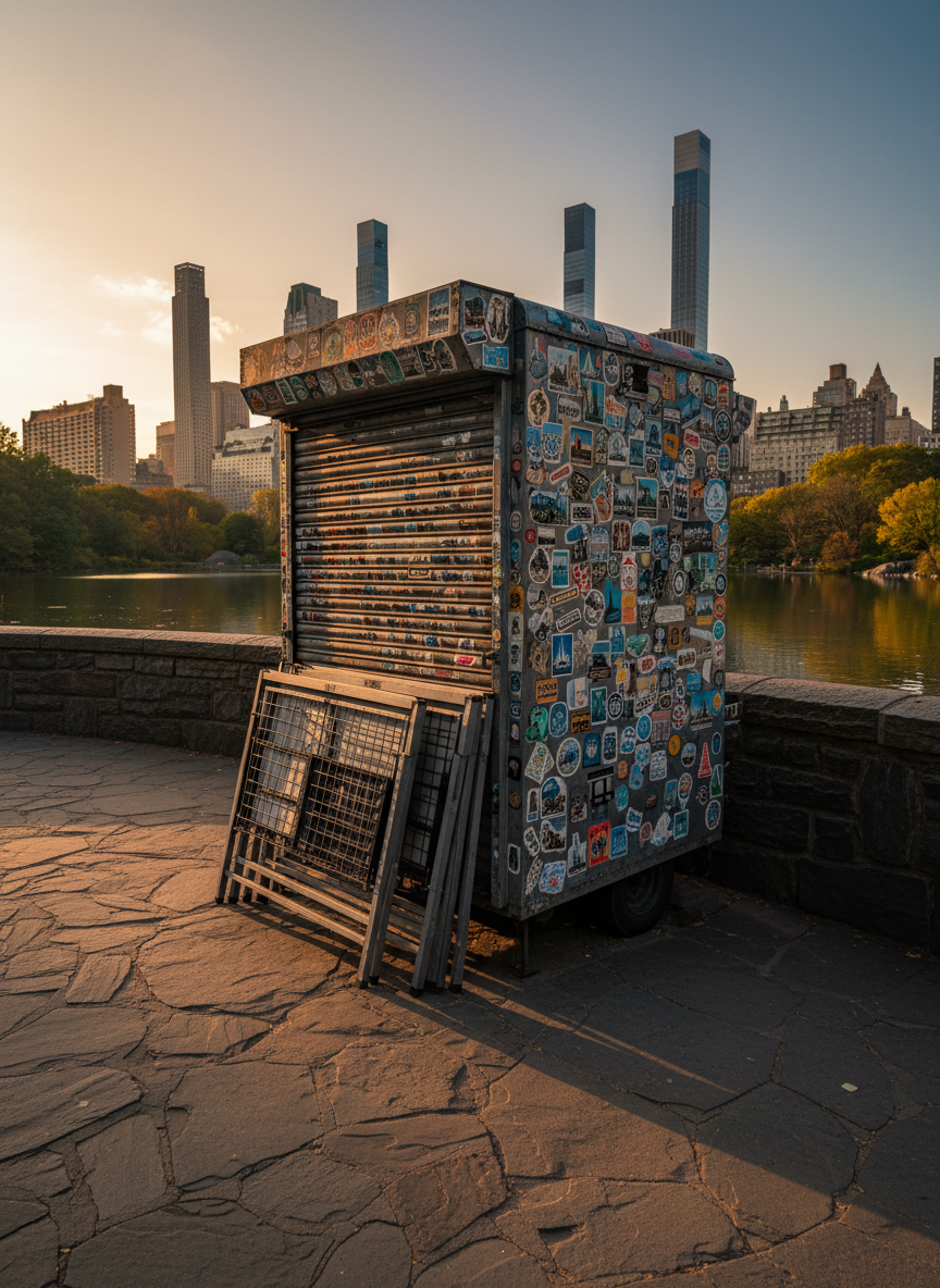A compact mobile souvenir stand locked shut for the night, its rolling metal shutters covered in faded stickers of New York landmarks, parked beside a curved stone wall overlooking a still Central Park pond. Stacks of unused folding tables and folded wire racks lean precisely against the stand, hinting at the absent display. Golden hour light grazes the metal, creating warm highlights and long, soft-edged shadows across the flagstone path. Photographic realism, slightly elevated angle with an asymmetrical composition that places the stand off-center, allowing the water and distant skyline silhouettes to occupy the frame. The atmosphere is contemplative and professional, capturing the infrastructure of vending without people, focusing on surfaces, arrangements, and the quiet rhythms of the park after work.
