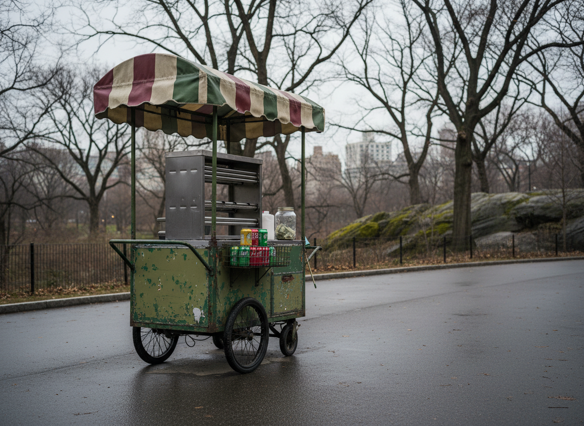 A weathered green metal vendor cart with a striped canvas awning folded back, neatly arranged with empty stainless steel hot dog rollers, unopened soda cans, and a clear tip jar containing only a few crumpled bills. The cart stands alone on a wide paved path in Central Park, surrounded by bare winter trees and distant rock outcrops, with no people present. Soft overcast daylight creates even, neutral illumination and faint, long shadows, emphasizing textures of chipped paint and damp pavement. Photographic realism, eye-level composition using the rule of thirds, with moderate depth of field keeping the cart and nearby path in crisp focus while the background dissolves into a gentle blur. The mood is observational, quiet, and documentary, inviting careful attention to material details and place.