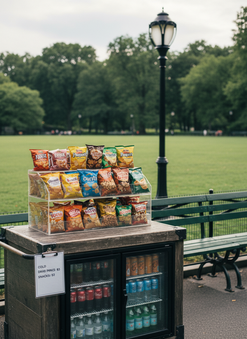 A meticulously organized cold drink and snack cart, fully stocked but unattended, featuring clear acrylic bins of sealed chips, rows of colorful bottled beverages, and a small printed menu clipped to the side panel. The cart is positioned at the edge of a grassy field in Central Park, framed by uniform park benches and a cast-iron lamppost. Midday diffused sunlight filters through a light cloud cover, softening colors while maintaining sharp, photographic realism. The composition is eye-level with a shallow depth of field, bringing the labels and textures into crisp focus while the lawn and distant trees blur softly. The mood is analytical yet calm, emphasizing systems of display, pricing, and layout as material evidence of vendor practice in an iconic urban public space.