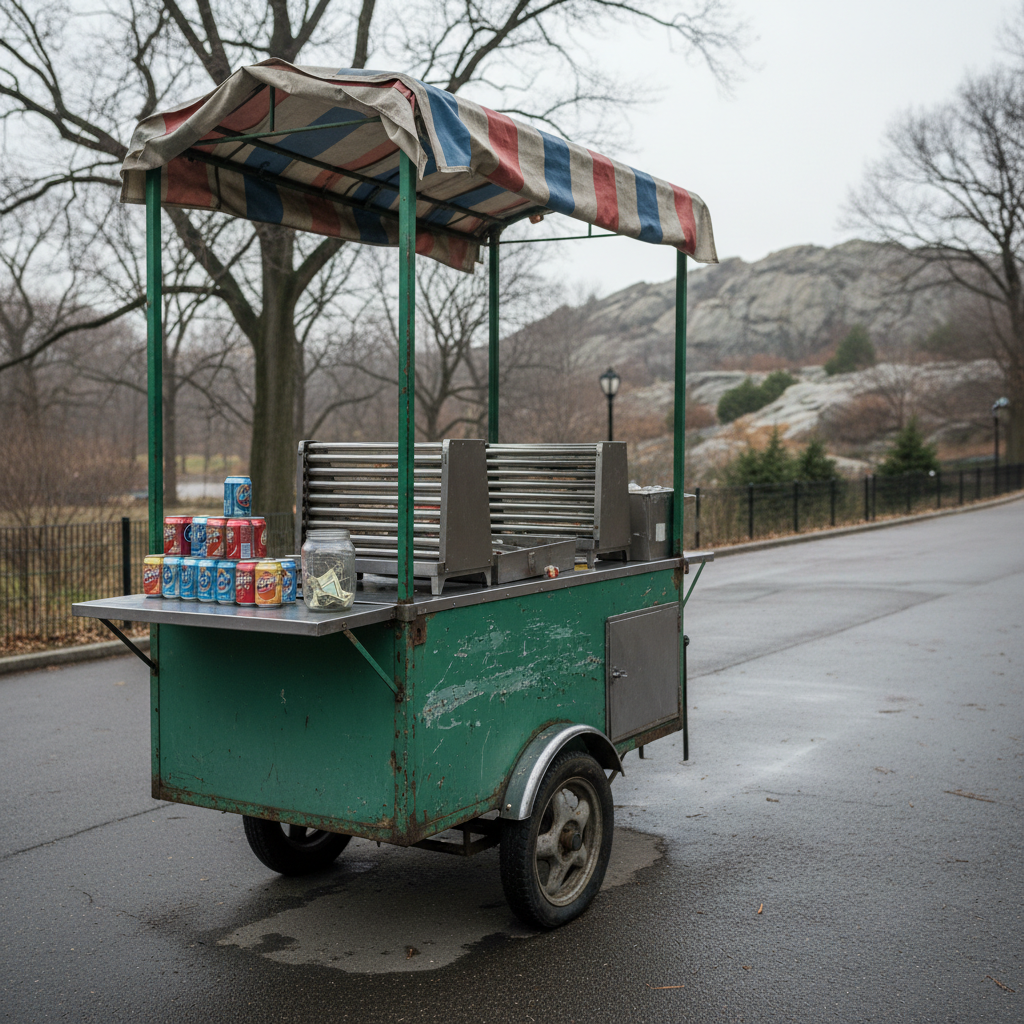 A weathered green metal vendor cart with a striped canvas awning folded back, neatly arranged with empty stainless steel hot dog rollers, unopened soda cans, and a clear tip jar containing only a few crumpled bills. The cart stands alone on a wide paved path in Central Park, surrounded by bare winter trees and distant rock outcrops, with no people present. Soft overcast daylight creates even, neutral illumination and faint, long shadows, emphasizing textures of chipped paint and damp pavement. Photographic realism, eye-level composition using the rule of thirds, with moderate depth of field keeping the cart and nearby path in crisp focus while the background dissolves into a gentle blur. The mood is observational, quiet, and documentary, inviting careful attention to material details and place.